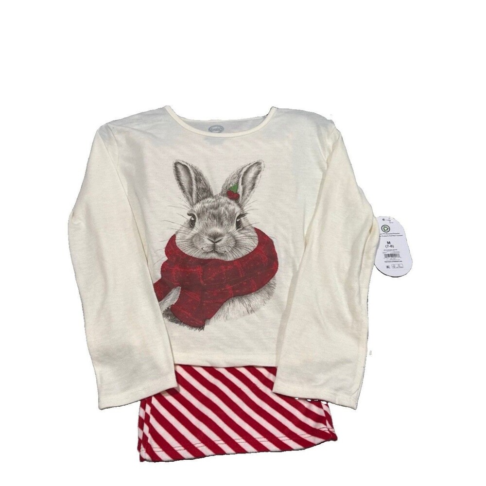 Holiday 2PC Set Bunny Long Sleeve Top and RedStriped Pants Pajamas M (7-8)